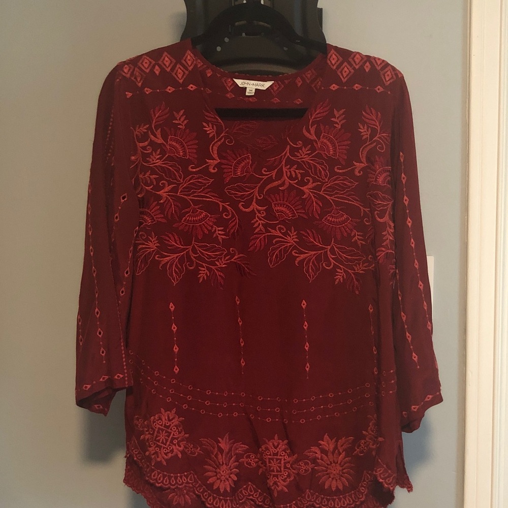 John Mark Burgundy Embroidered Blouse